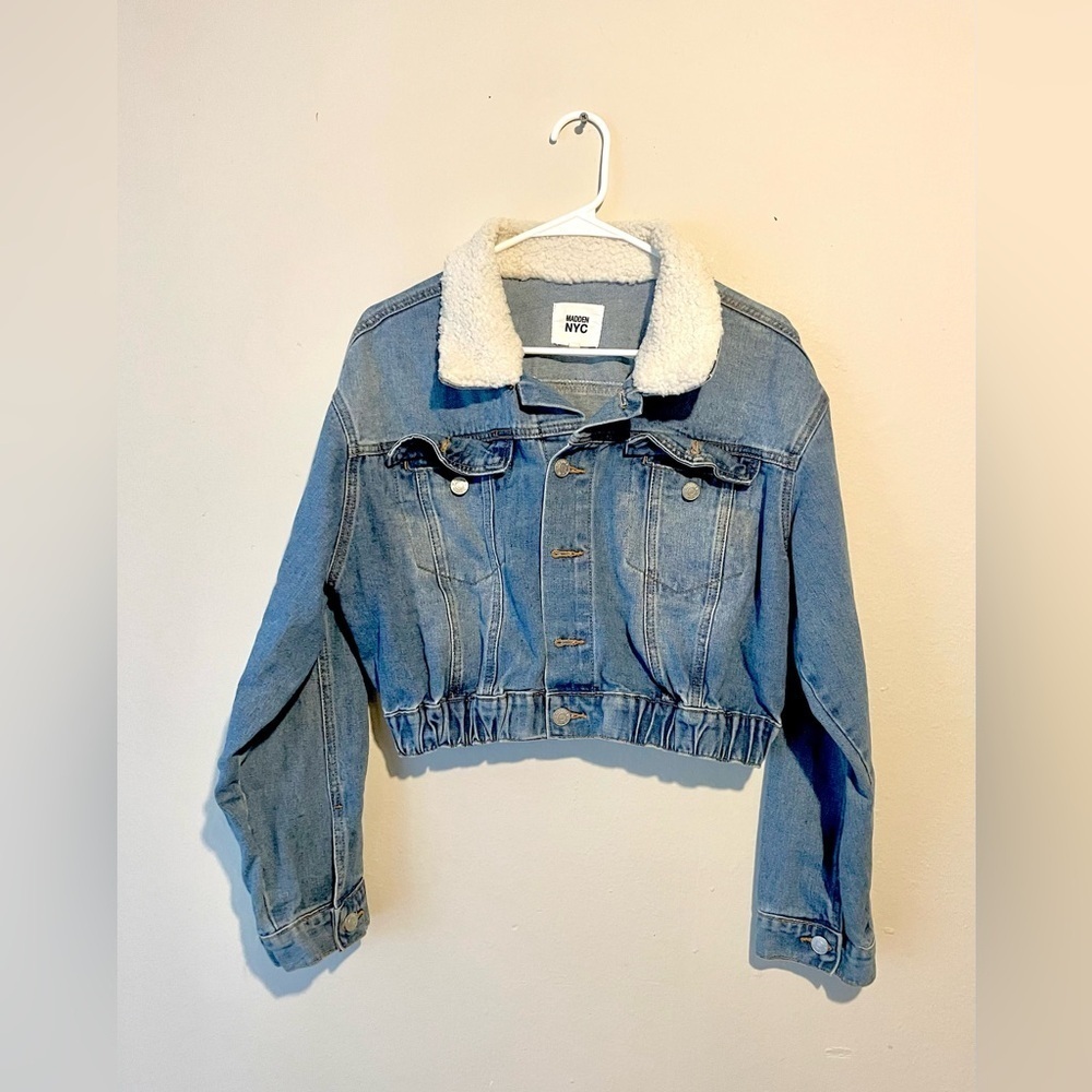 Madden NYC Blue Denim‎ Jean Cropped Jacket Sherpa Collar Womens L Preppy Y2K - Picture 2 of 8